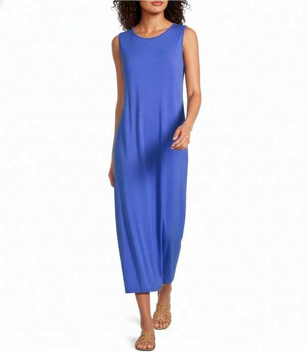 エイリーンフィッシャー レディース トップス ワンピース ノースリーブ ニット ジャージー マキシ Eileen Fisher Stretch Jersey Knit Round Neck Sleeveless Oval Maxi Dress Blue Star ブルー
