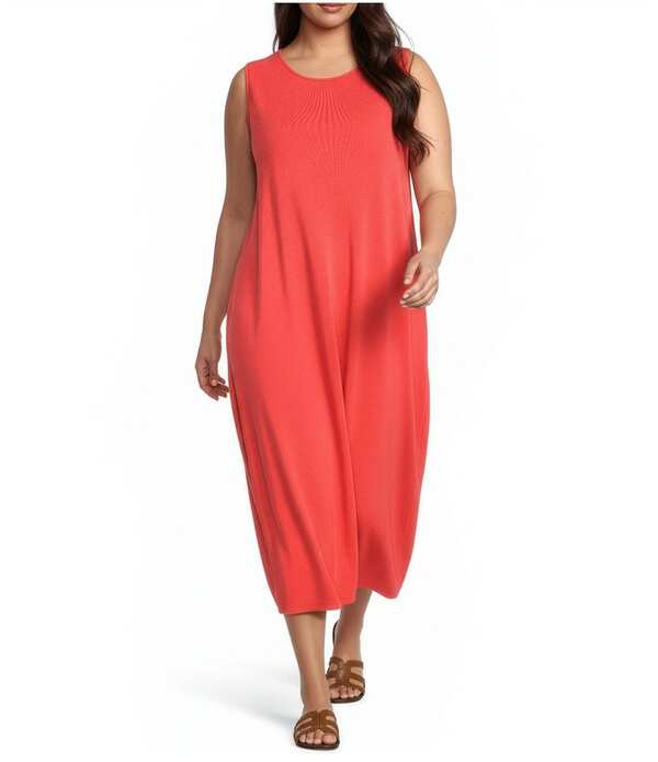 エイリーンフィッシャー レディース トップス ワンピース プラスサイズ ノースリーブ ニット ジャージー マキシ Eileen Fisher Plusize Stretch Jersey Knit Round Neck Sleeveless Oval Maxi Dress Watermelon