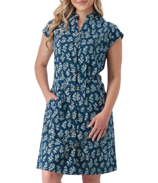 アベンチュラ レディース トップス ワンピース プリント シャツ コットン キャップ Aventurabloom Printed Organicotton Poplin Woven Stand Collar Cap Sleeve Button Front Shirtdress Gibraltar Sea｜ReVida 店
