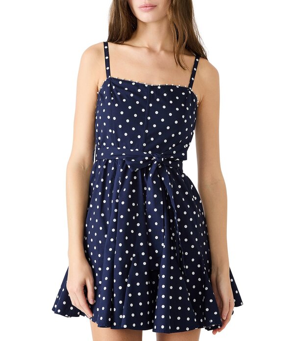 スティーブ マデン レディース トップス ワンピース ドット柄 ドット ミニ ノースリーブ Steve Madden Dasia Polka Dot Square Neck Sleeveless Godet Hem Poplin Mini Dressailor Blue ブルー｜ReVida 店 17,610円