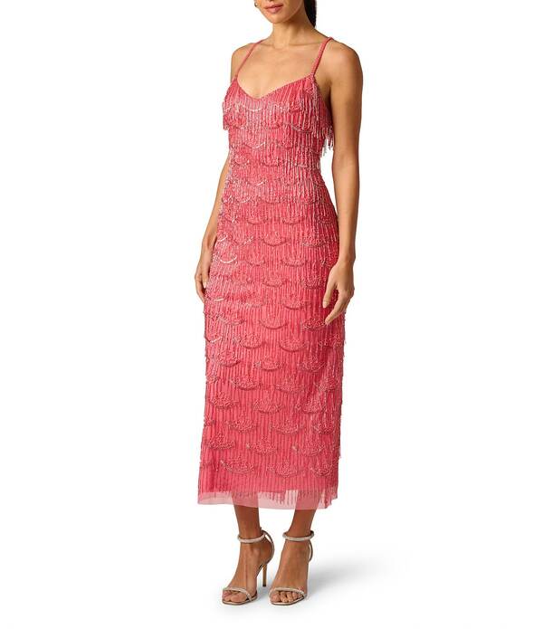 アドリアナ パペル レディース トップス 衣装 Vのど首 メッシュ MIDI ノースリーブ フリンジ Adrianna Evening by Adrianna Papell Beaded Fringe Mesh V-Neck Sleevelessheath Midi Dress Rouge