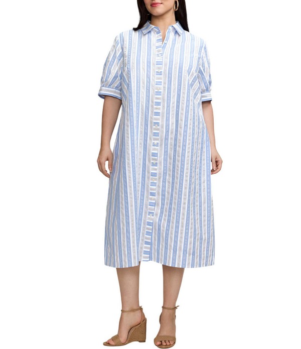 フォックスクラフト レディース トップス ワンピース プラスサイズ ミディ シャツ Foxcroft Plusizesther Variegated Stripe Point Collar Elbow Sleeve Belted Midi Shirt Dress Blue Multi ブルー