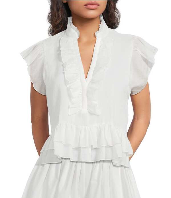 エーラブズエー レディース トップス シャツ モックネック バルーンスリーブ フリル A Loves A Ruffle Mock Neck Long Balloon Sleeve Bubble Hem Coordinating Top Off White オフホワイト