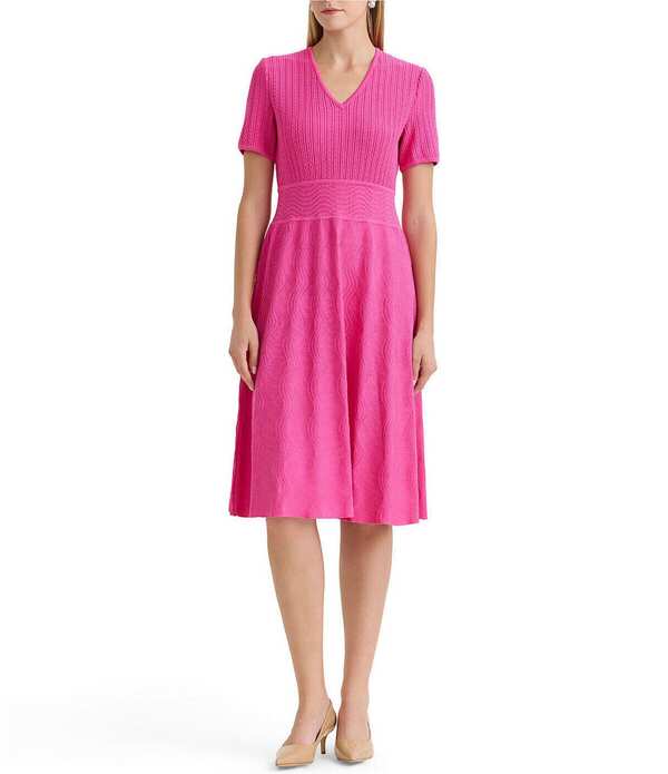 ミンウォン レディース トップス ワンピース Vネック プチ ミディ ニット Ming Wang Petite Soft Knit V-Neck Short Sleeve Fit-And-Flare Midi Dress Carmine Rose 46,080円