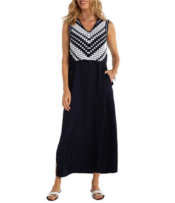 リヴァプール ロサンゼルス レディース トップス ワンピース Vネック サテン ノースリーブ 刺繍 マキシ Liverpoolos Angelesatin Woven V-Neck Sleeveless Embroidered Maxi Dress Navy/White ホワイト｜ReVida 店