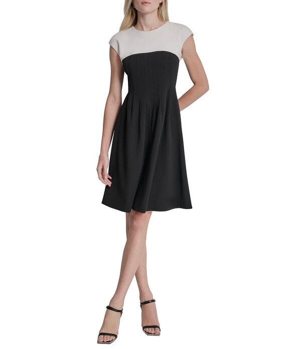 ダナキャラン レディース トップス ワンピース クルーネックレープチ スキューバ カラーブロック キャップ DKNY by Donna Karan Petite Size Scuba Crepe Crew Neck Cap Sleeve Colorblock Dress Ivory/Black アイボリー