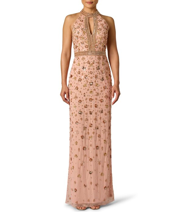 アドリアナ パペル レディース トップス ワンピース メッシュ ホルター Adrianna Papell Beaded Mesh Plunge Halter Neck Longown Apricot Ice アプリコット｜ReVida 店