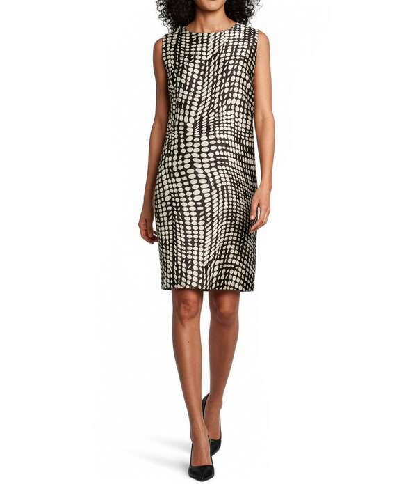 キャロライン ローズ レディース トップス ワンピース プリント ノースリーブ Caroline Rose Abstract Geo Dot Printed Mikado Scoop Neck Sleevelessheath Dress Ivory/Black アイボリー
