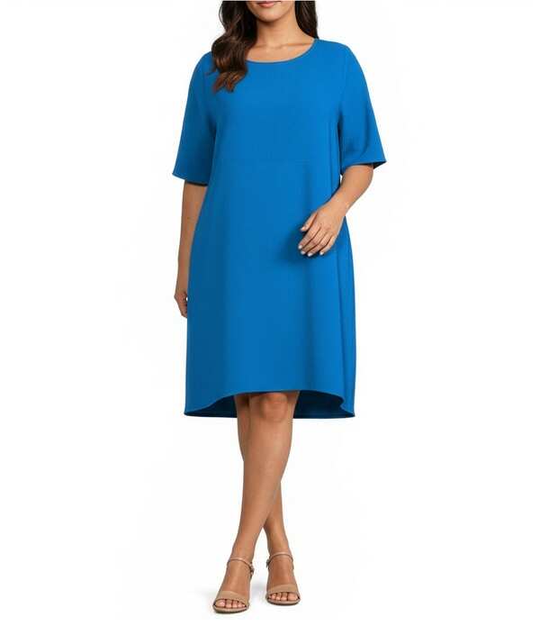 キャロライン ローズ レディース トップス ワンピース クレープ A ライン プラスサイズ Caroline Rose Plusize Harper Stretch Crepe Scoop Neck Elbow Sleeve High-Low Hem A-Line Dress Vivid Blue ブルー