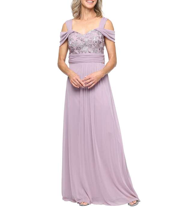 アレックスイブニングス レディース トップス ワンピース 刺繍 Alex Evenings Embroidered Bodice Gathered Waist Cold Shoulder Longown Wisteria
