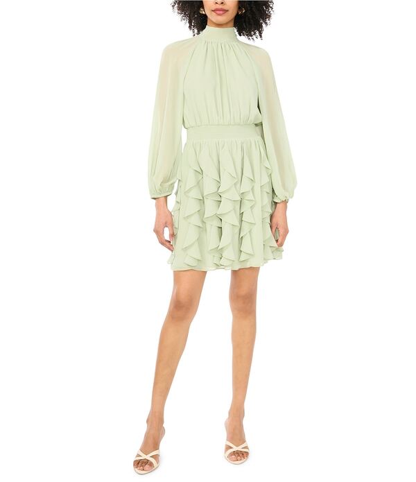 ワンステート レディース トップス ワンピース モックネック A ライン フリル ミニ 1. STATE Woven Mock Neck Long Sleeve Ruffle Mini A-Line Mini Dress Reseda