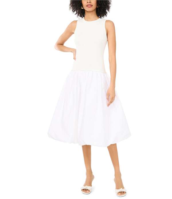 ワンステート レディース トップス ワンピース ミディ ノースリーブ 1. STATE Round Neck Sleeveless Drop Waist Midi Dress Ultra White ホワイト｜ReVida 店