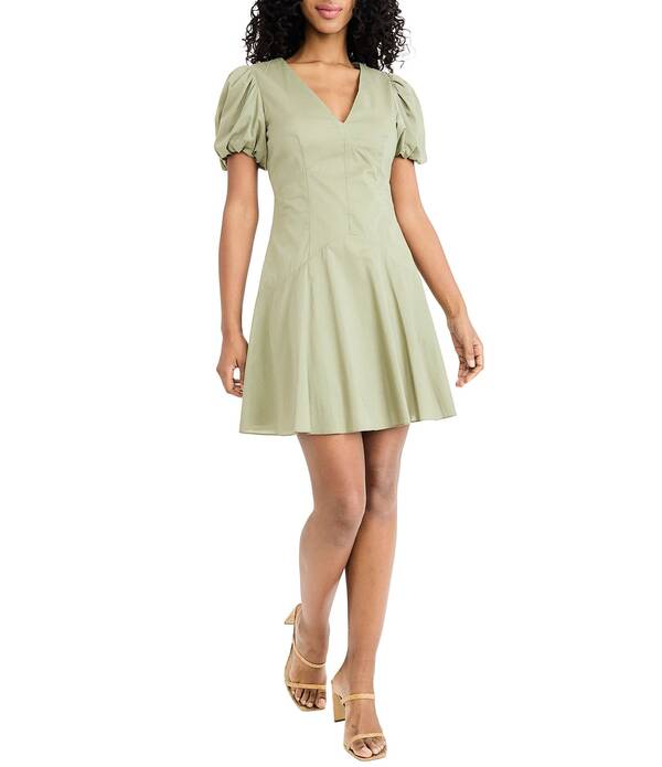 ドナモーガン レディース トップス ワンピース Vネック コットン Donna Morgan V-Neck Puff Sleeve Cotton Voile Dress Oil Green グリーン