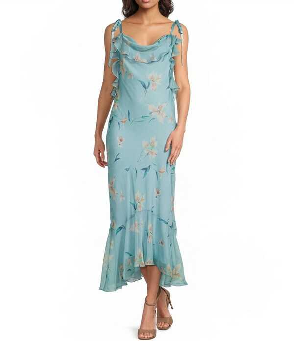 アストール レディース トップス ワンピース フラワー柄 プリント フリル ノースリーブ マキシ フラワー ASTR the Label Nissa Floral Print Scoop Neckline Sleeveless Ruffle Slip Maxi Dress Blue Floral ブルー