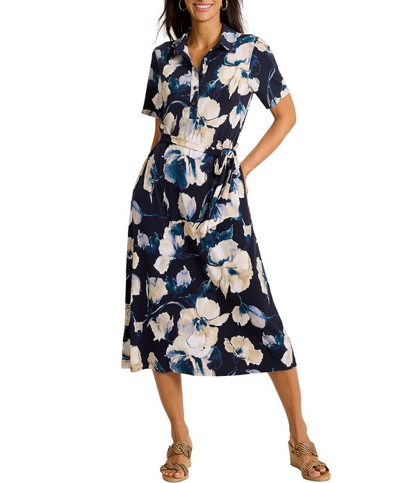 トッミーバハマ レディース トップス ワンピース フラワー柄 プリント ミディ フラワー Tommy Bahama Carmela Floral Print Point Collar Short Sleeve Button Front Wrap Midi Dress Coastline