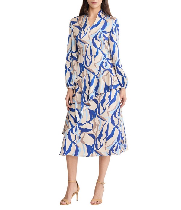 ミソック レディース トップス ワンピース Vネックレープリント フリル ミディ MISOOK Printed Crepe Modified Mandarin V-Neck Long Sleeve Ruffle Midi Dress Biscotti/Aegean Blue/Multi ブルー
