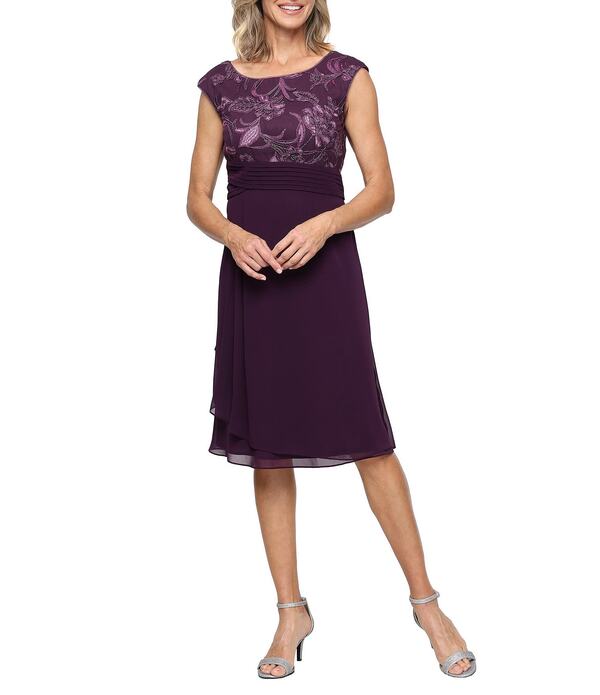 アレックスイブニングス レディース トップス ワンピース シフォン A ライン 刺繍 Alex Evenings Embroidered Bodice Chiffon A-Line Dress Plum プラム