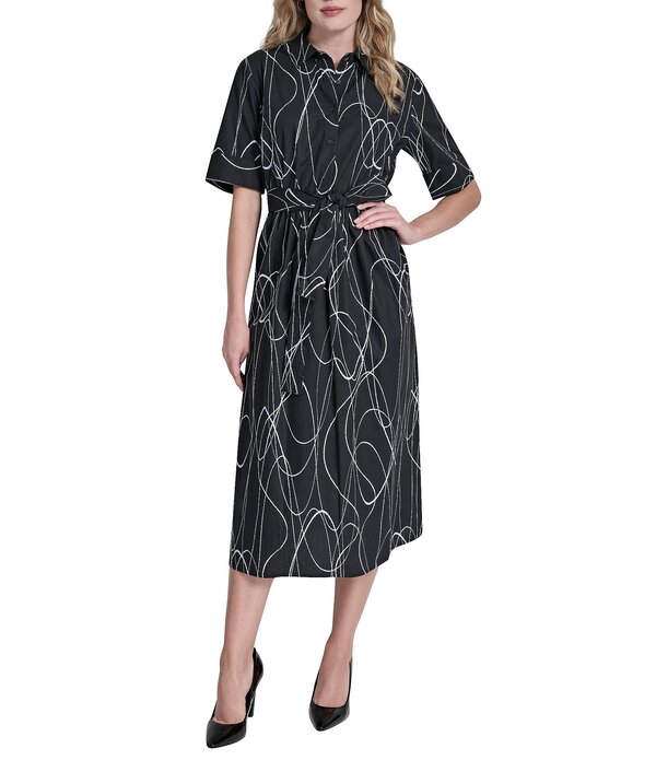 ダナキャラン レディース トップス 衣装 名取り草打ち倒す 刷り上げる プルオーバー 打ち倒す DKNY By Donna Karan Geometric Print Short Sleeve Button Down Shirt Dress Black Multi 黒いこと ワンピース-レディースファッション