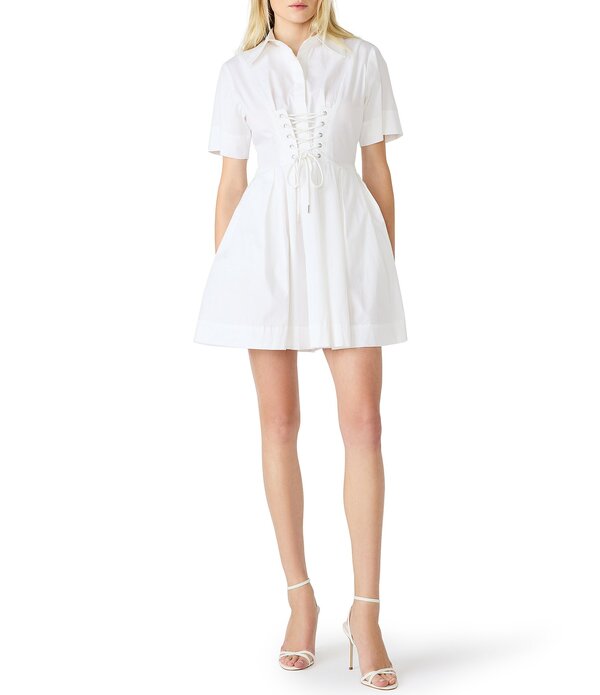スティーブ マデン レディース トップス ワンピース ミニ レース Steve Maddeninna Collared Short Sleeve Lace-Upoplin Mini Dress White ホワイト