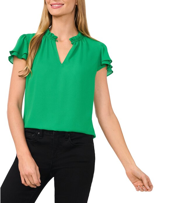 セセ レディース トップス シャツ ブラウス CeCe Woven Split Round Neck Flutter Sleeve Blouse Medium Green グリーン