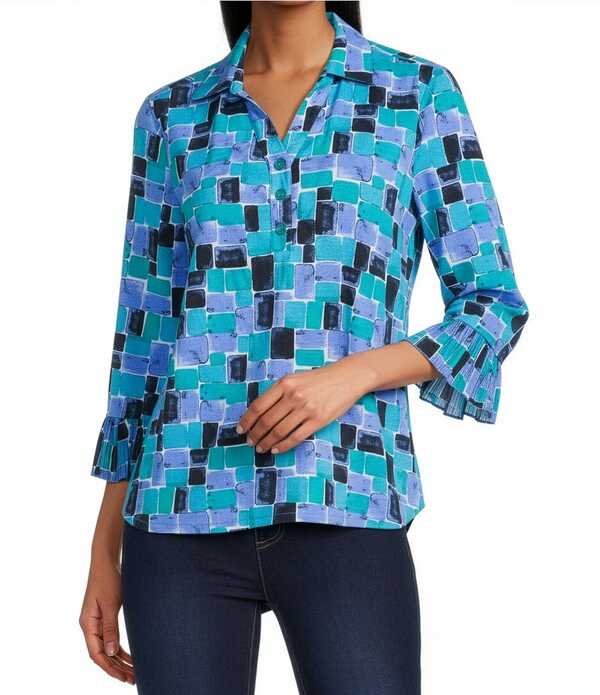 マルチプルズ レディース トップス シャツ Vネック プリント ニット ジャージー Multipleslub Jersey Knit Geometric Print Collared V-Neck 3/4 Sleeve Top Multi マルチカラー