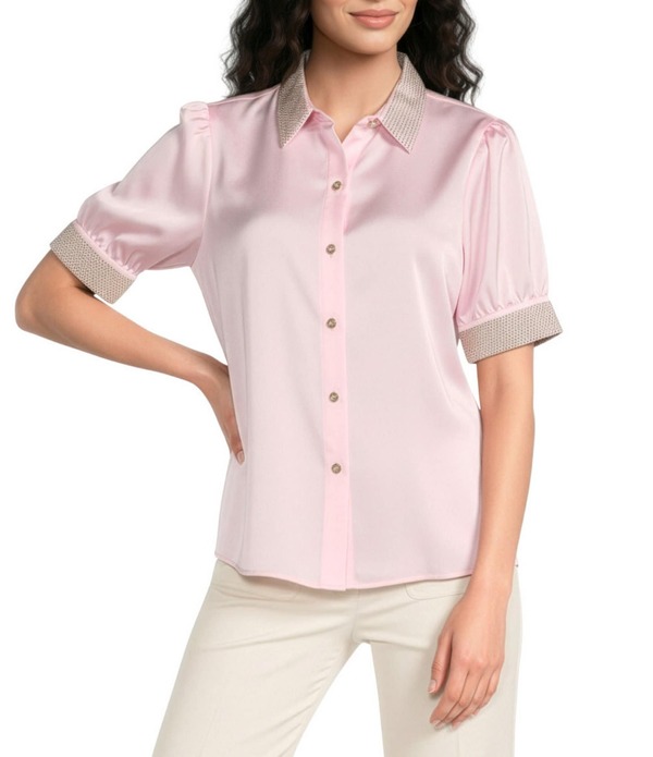 カール ラガーフェルド レディース トップス シャツ サテン KARLAGERFELD PARIS Embellished Satin Point Collar Short Sleeve Shirt Ballet Slipper
