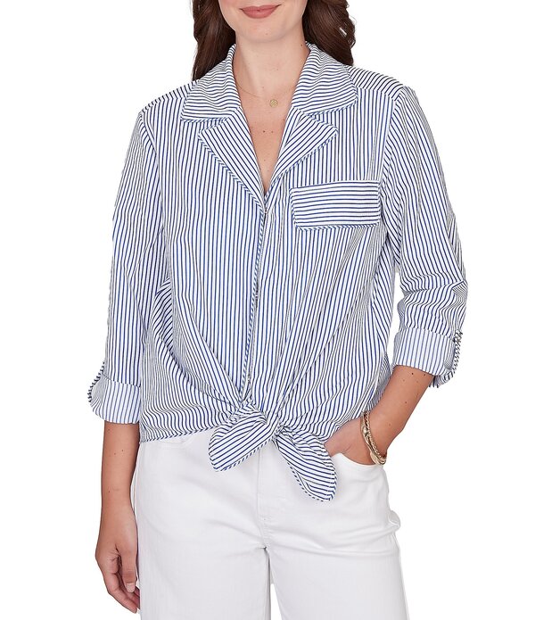 ルビーアールディー レディース トップス シャツ Ruby Rd. Woven Stripe Notch Lapel Collar Long Roll-Tab Sleeve Tie-Front Shirt White/Sea Blue ホワイト
