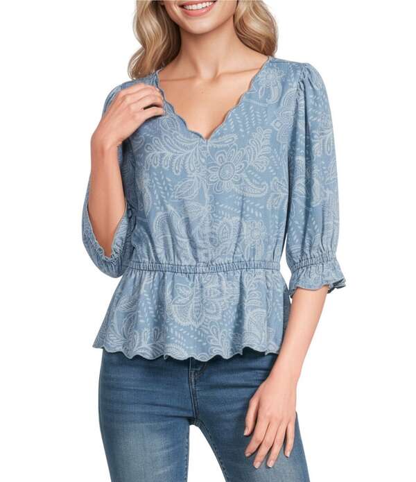 デモクラシー レディース トップス シャツ Vネック フラワー柄 フラワー Democracy Floral Paisley V-Neck Elbow Sleeve Peplum Top Light Blue ブルー|ReVida 店