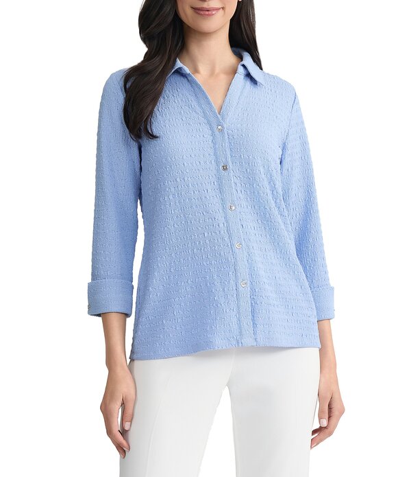 カスパール レディース トップス シャツ Kasper 3/4 Sleeve Split Cuff Button Front Shirt Paris Blue ブルー