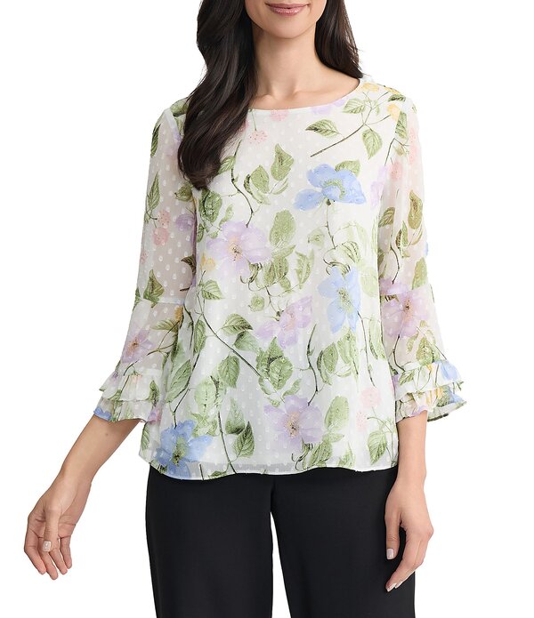 カスパール レディース トップス シャツ クルーネック フラワー柄 プリント フリル ブラウス フラワー Kasper Floral Print Crew Neck 3/4 Ruffle Sleeve Clip Dot Blouse Lily White Multi ホワイト
