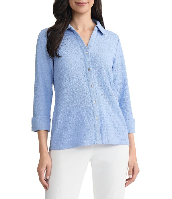 カスパール レディース トップス シャツ プチ Kasper Petite Size 3/4 Sleeve Button Front Shirt With Split Cuff Paris Blue ブルー