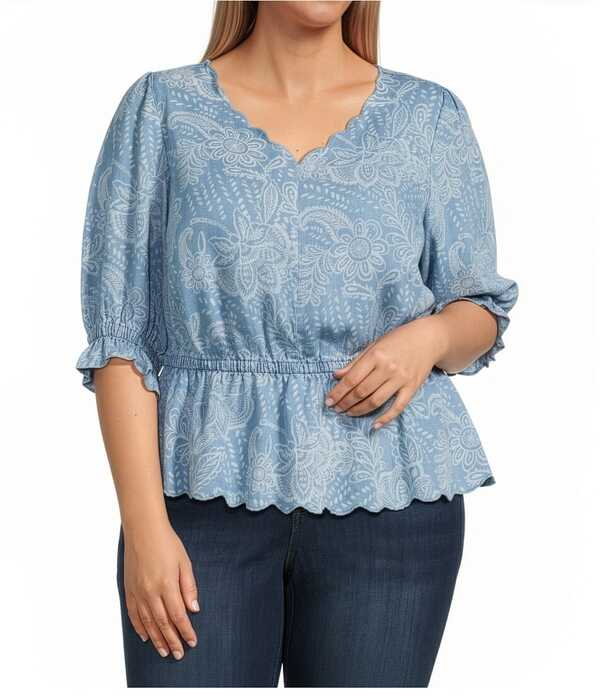 デモクラシー レディース トップス シャツ Vネック フラワー柄 プラスサイズ フラワー Democracy Plusize Floral Paisley V-Neck Elbow Sleeve Peplum Top Light Blue ブルー|ReVida 店