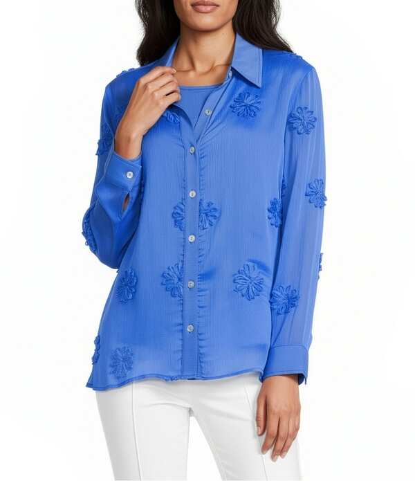 マルチプルズ レディース トップス シャツ Multiples Flower Tim Point Collar Long Sleeve Button Front 2-Piece Tank Top French Blue ブルー