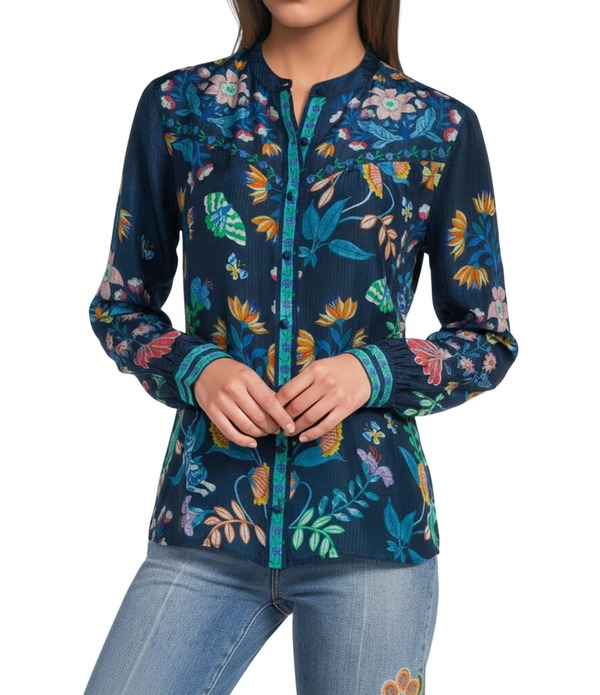 ジョニーワズ レディース トップス シャツ フラワー柄 プリント シルク リネン フラワー JOHNNY WAS Elizabeth Silk Linen Blend Floral Print Shirred Western Yoke Banded Collar Long Sleeve Button Front Shirt Elizabeth｜ReVida 店