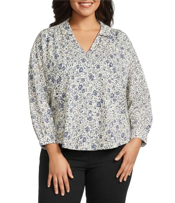 ウエストバウンド レディース トップス シャツ Vネック フラワー柄 プラスサイズ プリント ニット フラワー Westbound Plusize Floral Print V Neck 3/4 Sleeve Collared Slub Knitop Vintage Indigo Ranch Floral インディゴ
