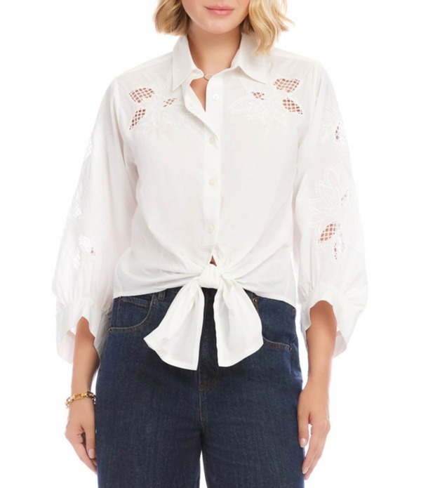 カレンケーン レディース トップス シャツ 刺繍 Karen Kane Poplin Embroidered Cutwork Point Collar 3/4 Blouson Sleeve Tie Frontop Off White オフホワイト｜ReVida 店