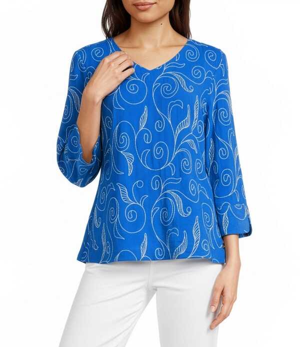 アリ マイルス レディース トップス シャツ Vネック 刺繍 Ali Miles Woven Embroidered Paisley Leaf V-Neck 3/4 Sleeve Top Electric Blue ブルー