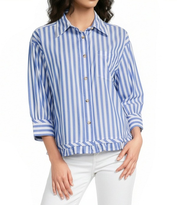 アリ マイルス レディース トップス シャツ フリル裾 ティアード フリル Ali Miles Woven Yarn-Dyed Stripe Point Collar 3/4 Sleeve Tiered Ruffle Hem Button Frontop Blue Stripe ブルー