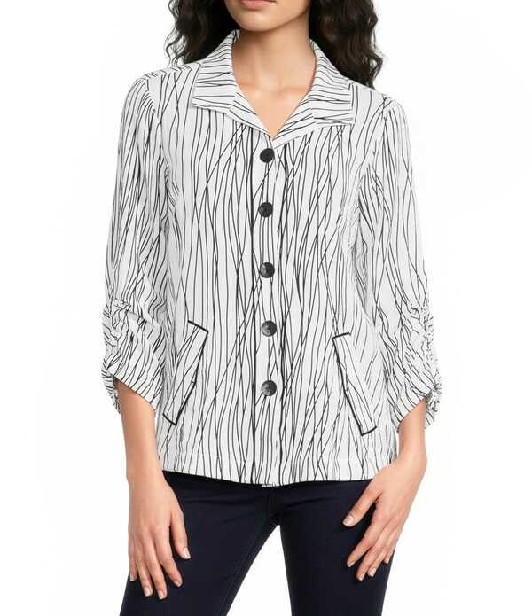 アリ マイルス レディース トップス シャツ Ali Miles Woven Multi Stripe Point Collar 3/4 Cinched Tie Sleeve Button Frontunic White Black Print ホワイト