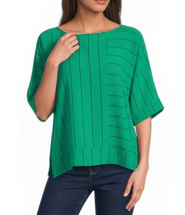 アリ マイルス レディース トップス シャツ Ali Miles Woven Striped Round Neck Short Cuffed Sleeve Popover Top Emerald エメラルド
