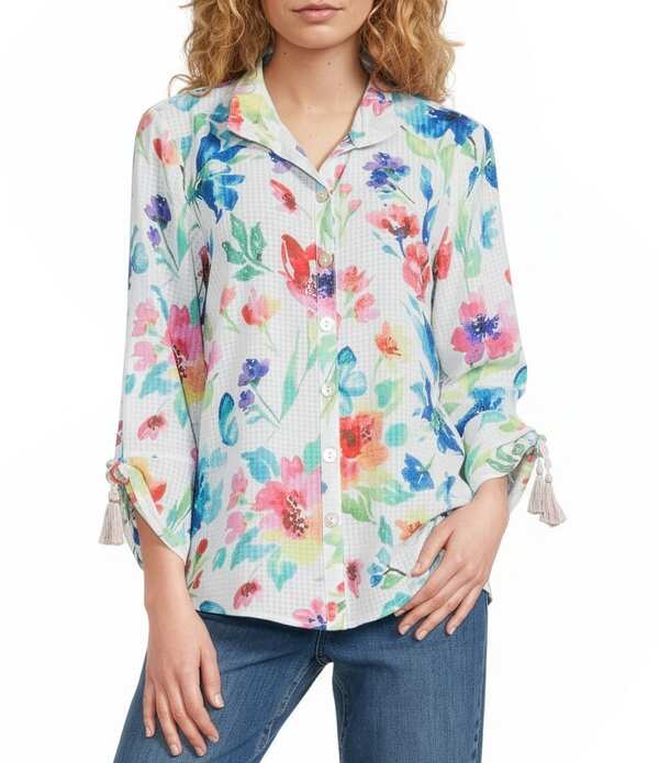 アリ マイルス レディース トップス シャツ フラワー柄 フラワー Ali Miles Multi Floral Wire Collar 3/4 Cinch Tassel Tie Sleeve Button Frontunic Floral Multi マルチカラー