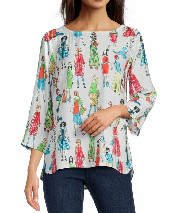 アリ マイルス レディース トップス シャツ プリント Ali Miles Woven All Over Woman Multi Print Round Neck 3/4 Sleeve Pullover Top Multi マルチカラー