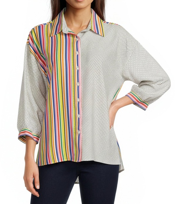 アリ マイルス レディース トップス シャツ プチ Ali Miles Petite Size Solid Multi Stripe Point Collar 3/4 Sleeve High-Low Hem Button-Front Shirt Stripe Multi マルチカラー