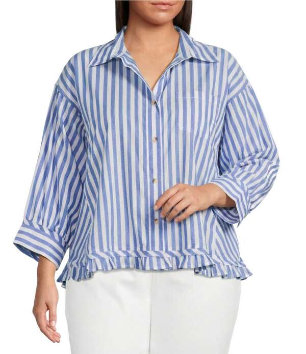アリ マイルス レディース トップス シャツ フリル裾 ティアード プラスサイズ フリル Ali Miles Plusize Yarn-Dyed Stripe Point Collar 3/4 Sleeve Tiered Ruffle Hem Button-Frontop Blue Stripe ブルー