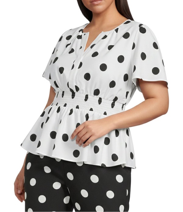シュガーリップス レディース トップス シャツ Vネック プラスサイズ プリント Sugarlips Plus Randal Polda Dot Print Split V-Neck Short Sleeve Peplum Coordinating Top White/Black ホワイト