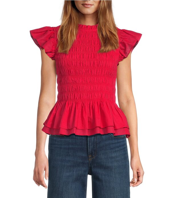 シュガーリップス レディース トップス シャツ プチ フリル ノースリーブ シャーリング Sugarlips Petite Size Ruffle Mock Neckline Sleevelessmocked Peplum Top Red レッド