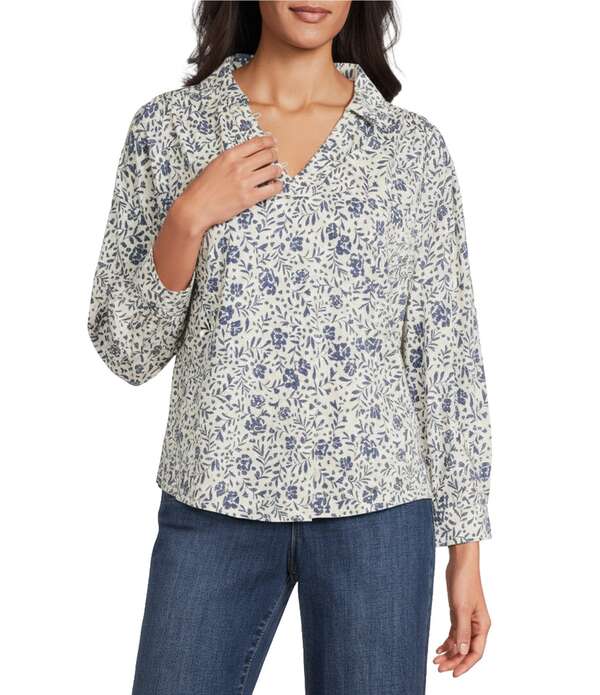 ウエストバウンド レディース トップス シャツ Vネック ヴィンテージ フラワー柄 プチ プリント ニット フラワー Westbound Petite Size Vintage Floral Print V-Neck 3/4 Sleeve Collared Slub Knitop Vintage Indigo Ranch Floral インディゴ