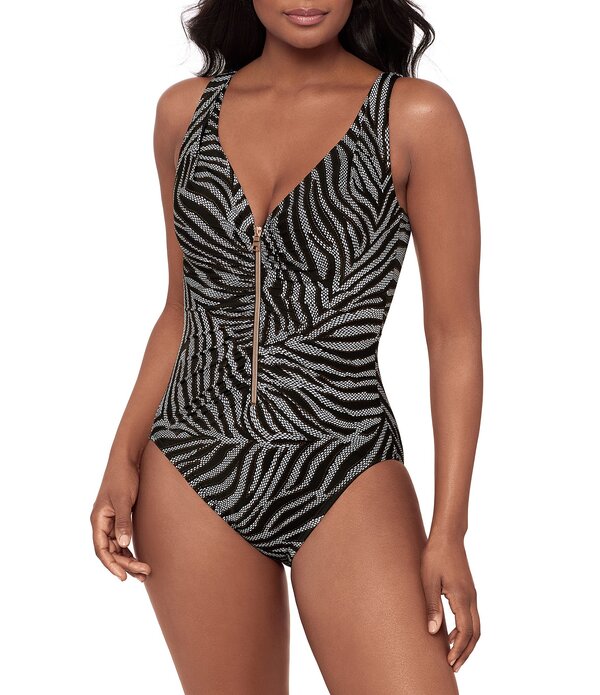 ミラクルスーツ レディース トップス ワンピース プリント Miraclesuit Zironic Zebra Print Zip Frontank One Piece Swimsuit Black/White ホワイト|ReVida 店