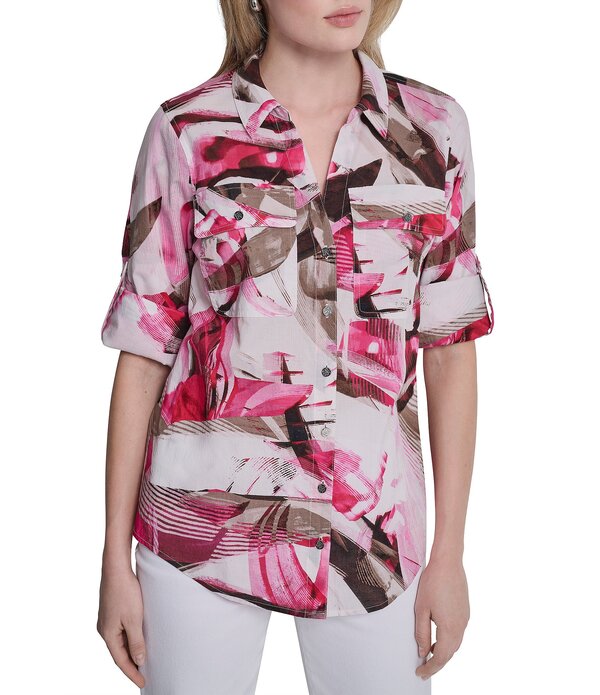 ダナキャラン レディース トップス シャツ プリント コットン DKNY by Donna Karan Printed Cotton Voile Point Collaroll Tab Sleeve Button Front Shirt Spring Wisps