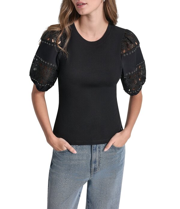 ダナキャラン レディース トップス シャツ クルーネック レース ニット ジーンズ DKNY Jeans by Donna Karan Jeans Knit Crew Neck Elbow Length Laceyelet Puff Sleeve Top Black ブラック